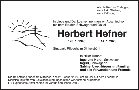 Traueranzeige von Herbert Hefner von Dinkelsbühl/ Feuchtwangen
