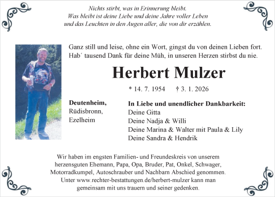 Traueranzeige von Herbert Mulzer von Neustadt/ Scheinfeld/ Uffenheim