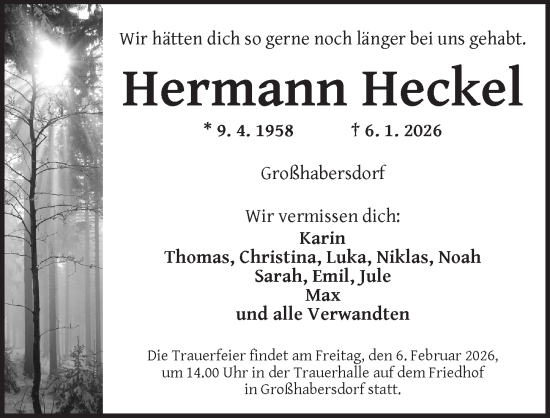 Traueranzeige von Hermann Heckel von Ansbach