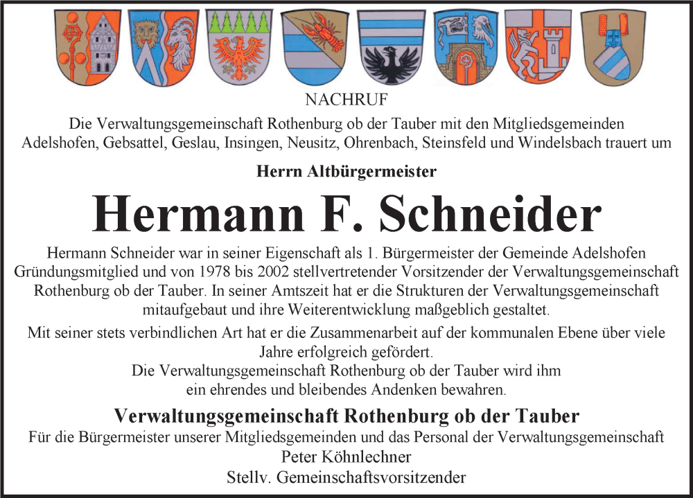  Traueranzeige für Hermann F. Schneider vom 07.01.2026 aus Rothenburg