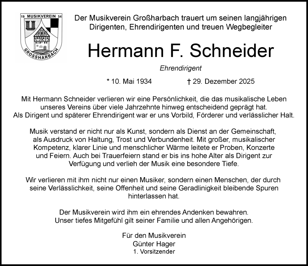  Traueranzeige für Hermann F. Schneider vom 03.01.2026 aus Rothenburg