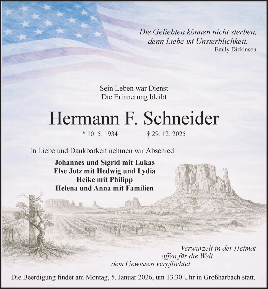  Traueranzeige für Hermann F. Schneider vom 03.01.2026 aus Neustadt/ Scheinfeld/ Uffenheim