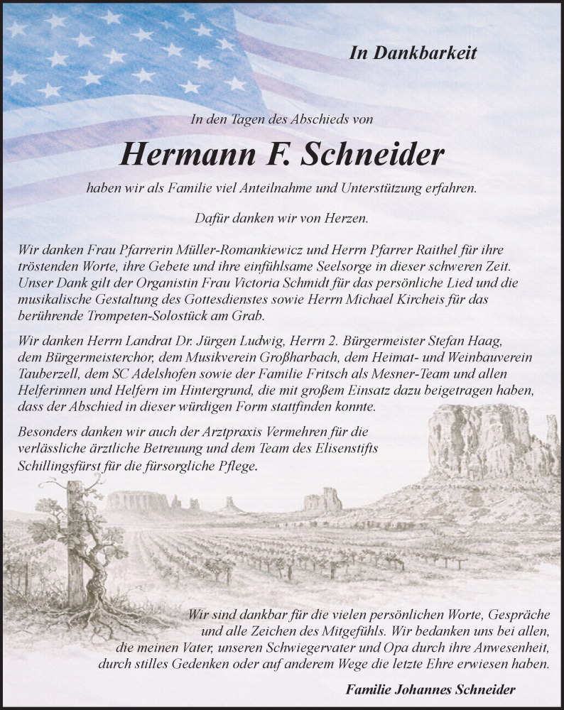  Traueranzeige für Hermann F. Schneider vom 31.01.2026 aus Rothenburg