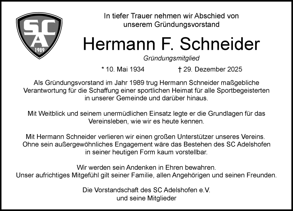  Traueranzeige für Hermann F. Schneider vom 03.01.2026 aus Rothenburg