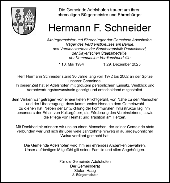 Traueranzeige von Hermann F. Schneider von Rothenburg