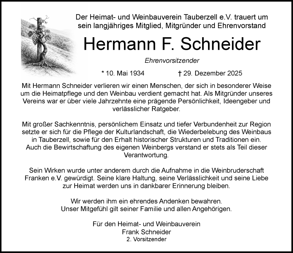  Traueranzeige für Hermann F. Schneider vom 03.01.2026 aus Rothenburg