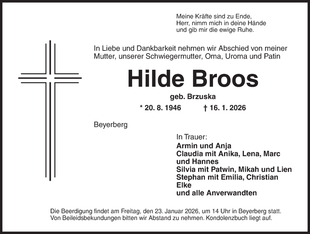  Traueranzeige für Hilde Broos vom 21.01.2026 aus Dinkelsbühl/ Feuchtwangen