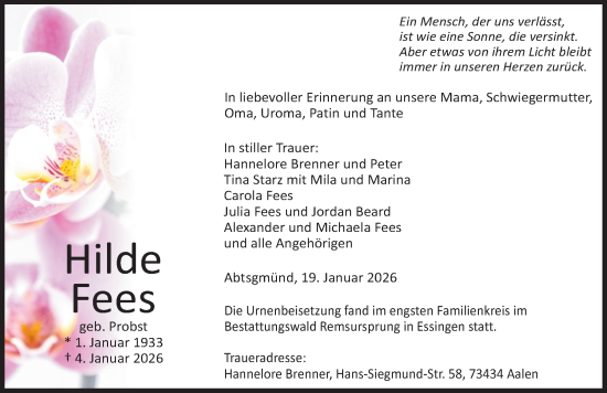 Traueranzeige von Hilde Fees von Dinkelsbühl/ Feuchtwangen