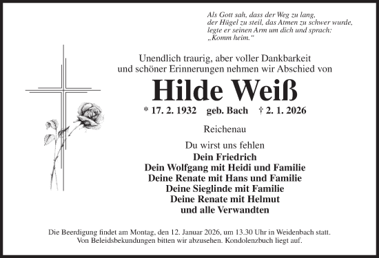 Traueranzeige von Hilde Weiß von Ansbach