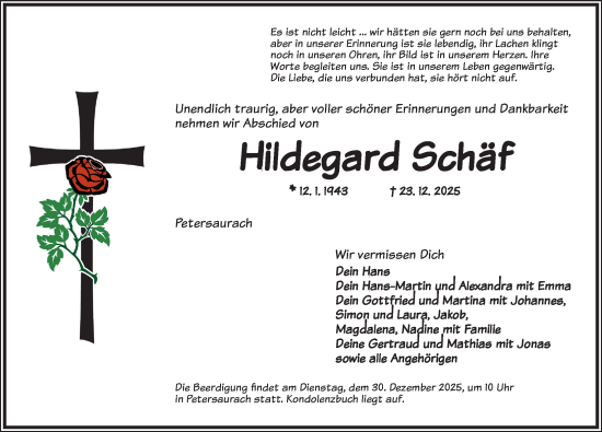 Traueranzeige von Hildegard Schäf von Ansbach