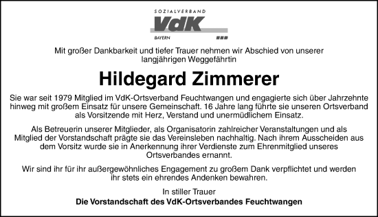 Traueranzeige von Hildegard Zimmerer von Dinkelsbühl/ Feuchtwangen
