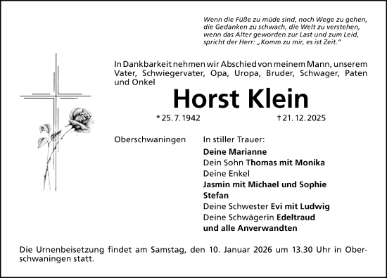 Traueranzeige von Horst Klein von Dinkelsbühl/ Feuchtwangen
