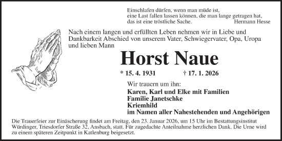 Traueranzeige von Horst Naue von Ansbach