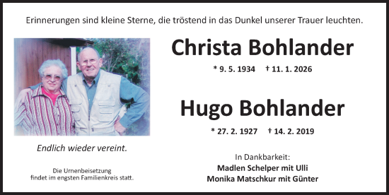 Traueranzeige von Hugo Bohlander von Ansbach