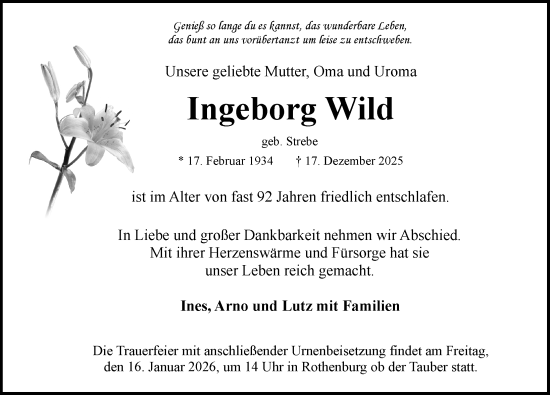 Traueranzeige von Ingeborg Wild von Rothenburg