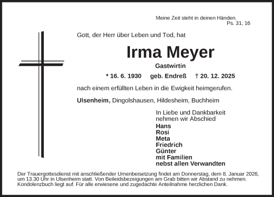 Traueranzeige von Irma Meyer von Neustadt/ Scheinfeld/ Uffenheim