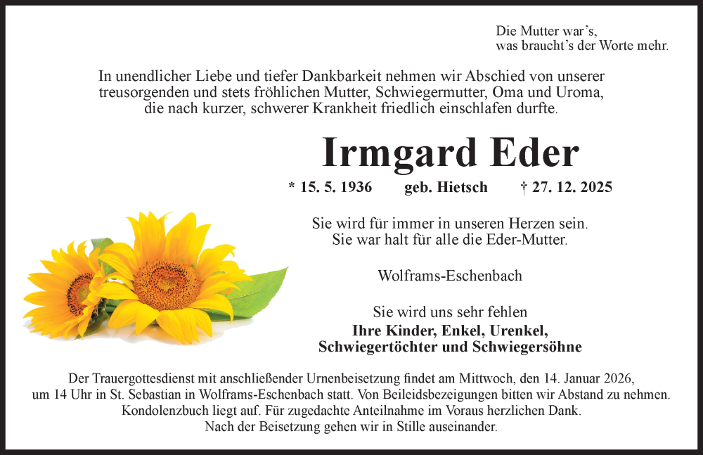 Traueranzeige für Irmgard Eder vom 12.01.2026 aus Ansbach