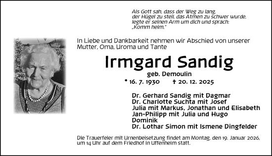 Traueranzeige von Irmgard Sandig von Neustadt/ Scheinfeld/ Uffenheim