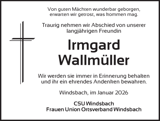 Traueranzeige von Irmgard Wallmüller von Ansbach