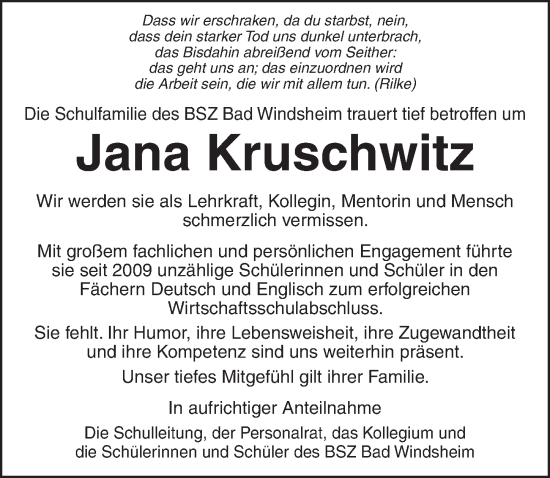 Traueranzeige von Jana Kruschwitz von Neustadt/ Scheinfeld/ Uffenheim