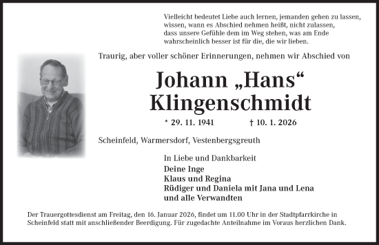 Traueranzeige von Johann Klingenschmidt von Neustadt/ Scheinfeld/ Uffenheim