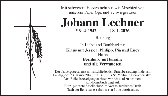 Traueranzeige von Johann Lechner von Dinkelsbühl/ Feuchtwangen