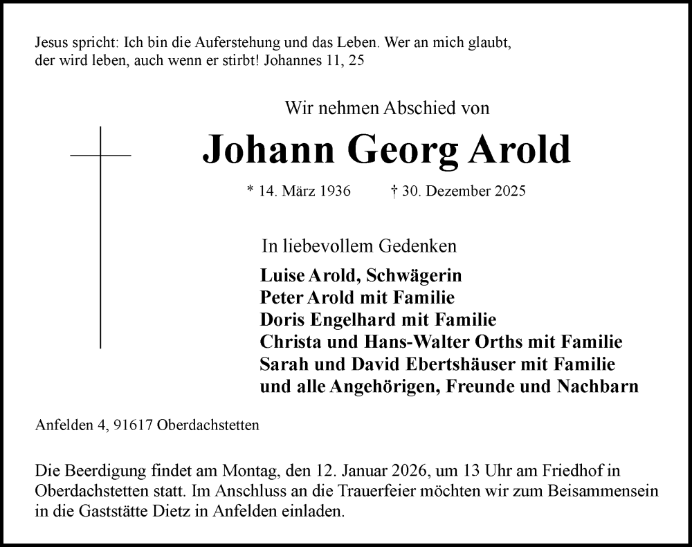 Traueranzeige für Johann Georg Arold vom 07.01.2026 aus Ansbach