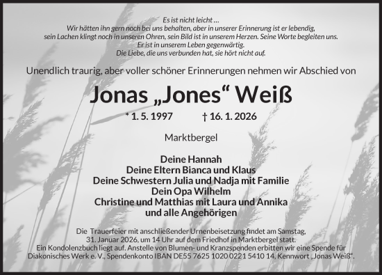 Traueranzeige von Jonas Weiß von Neustadt/ Scheinfeld/ Uffenheim