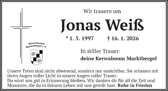 Traueranzeige von Jonas Weiß von Neustadt/ Scheinfeld/ Uffenheim