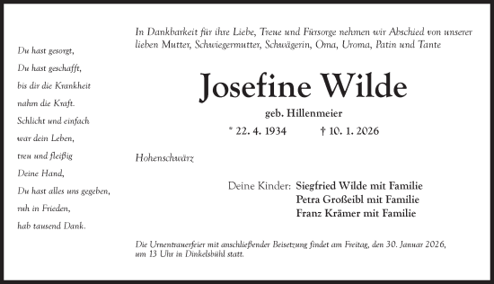 Traueranzeige von Josefine Wilde von Dinkelsbühl/ Feuchtwangen
