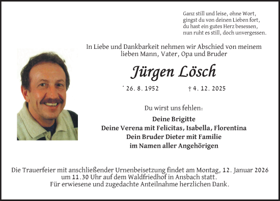 Traueranzeige von Jürgen Lösch von Ansbach