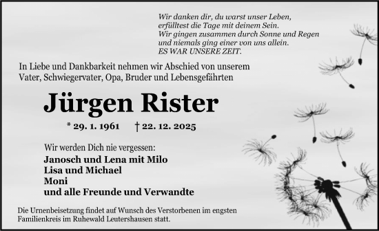 Traueranzeige von Jürgen Rister von Dinkelsbühl/ Feuchtwangen