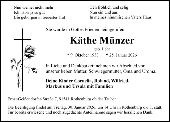 Traueranzeige von Käthe Münzer von Rothenburg