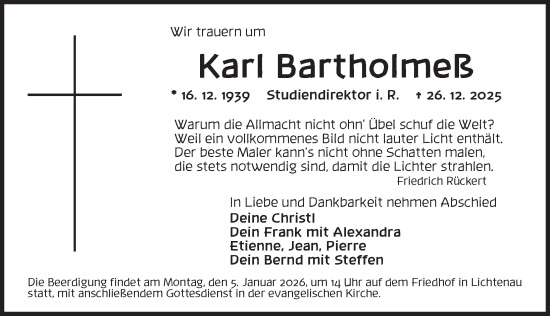 Traueranzeige von Karl Bartholmeß von GE