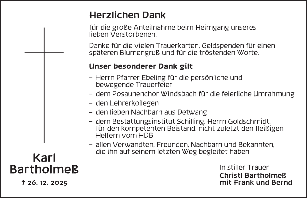  Traueranzeige für Karl Bartholmeß vom 17.01.2026 aus Ansbach