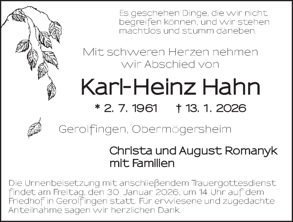  Traueranzeige für Karl-Heinz Hahn vom 28.01.2026 aus Dinkelsbühl/ Feuchtwangen