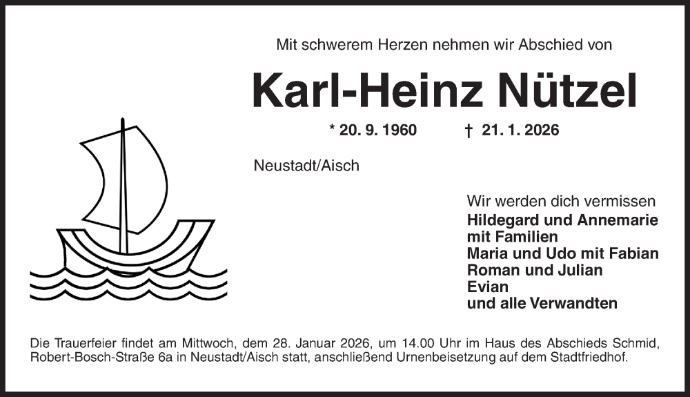  Traueranzeige für Karl-Heinz Nützel vom 24.01.2026 aus Neustadt/ Scheinfeld/ Uffenheim