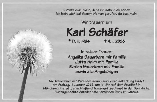 Traueranzeige von Karl Schäfer von Dinkelsbühl/ Feuchtwangen