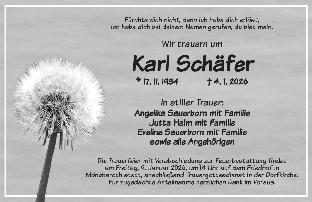  Traueranzeige für Karl Schäfer vom 07.01.2026 aus Dinkelsbühl/ Feuchtwangen