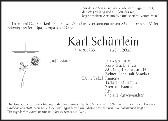 Traueranzeige von Karl Schürrlein von Ansbach