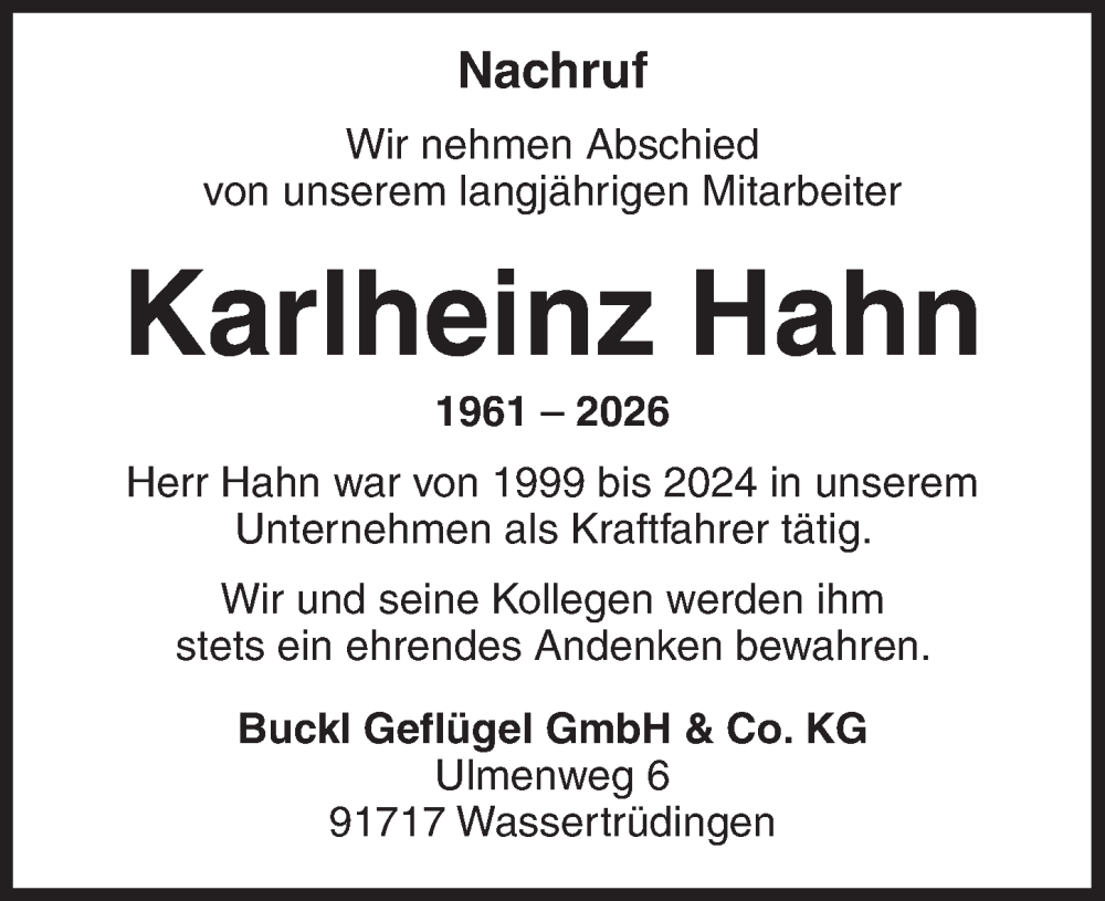  Traueranzeige für Karlheinz Hahn vom 29.01.2026 aus Dinkelsbühl/ Feuchtwangen