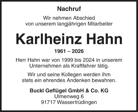 Traueranzeige von Karlheinz Hahn von Dinkelsbühl/ Feuchtwangen