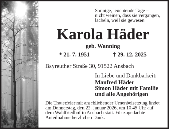 Traueranzeige von Karola Häder von Ansbach