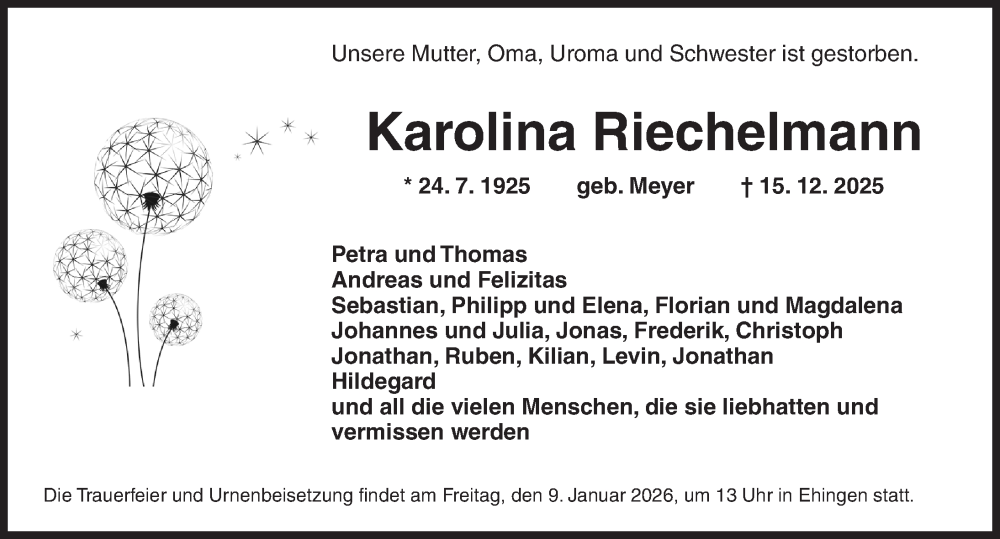  Traueranzeige für Karolina Riechelmann vom 03.01.2026 aus Dinkelsbühl/ Feuchtwangen