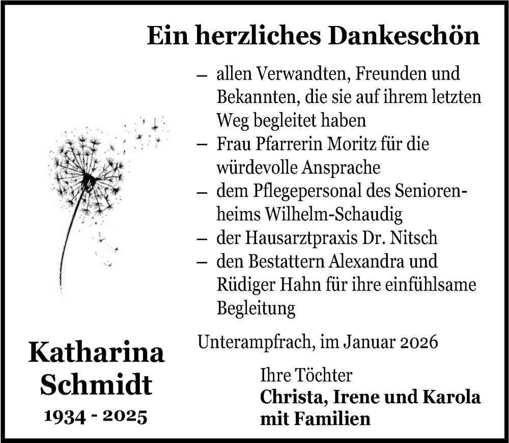  Traueranzeige für Katharina Schmidt vom 17.01.2026 aus Dinkelsbühl/ Feuchtwangen
