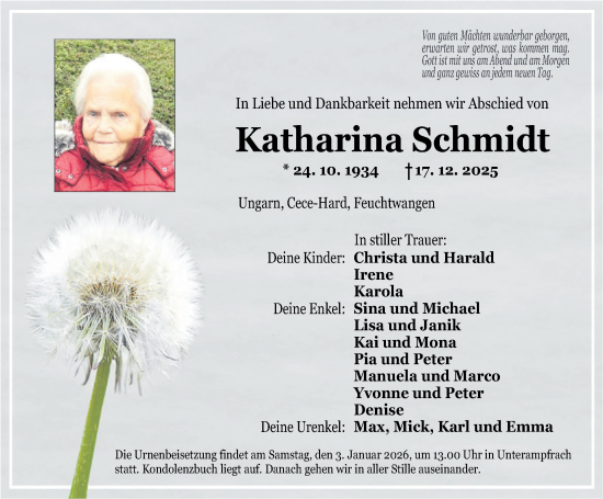 Traueranzeige von Katharina Schmidt von Dinkelsbühl/ Feuchtwangen