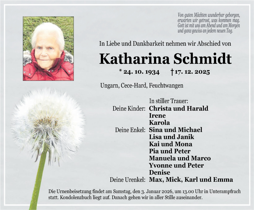 Traueranzeige für Katharina Schmidt vom 02.01.2026 aus Dinkelsbühl/ Feuchtwangen