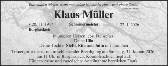 Traueranzeige von Klaus Müller von Neustadt/ Scheinfeld/ Uffenheim
