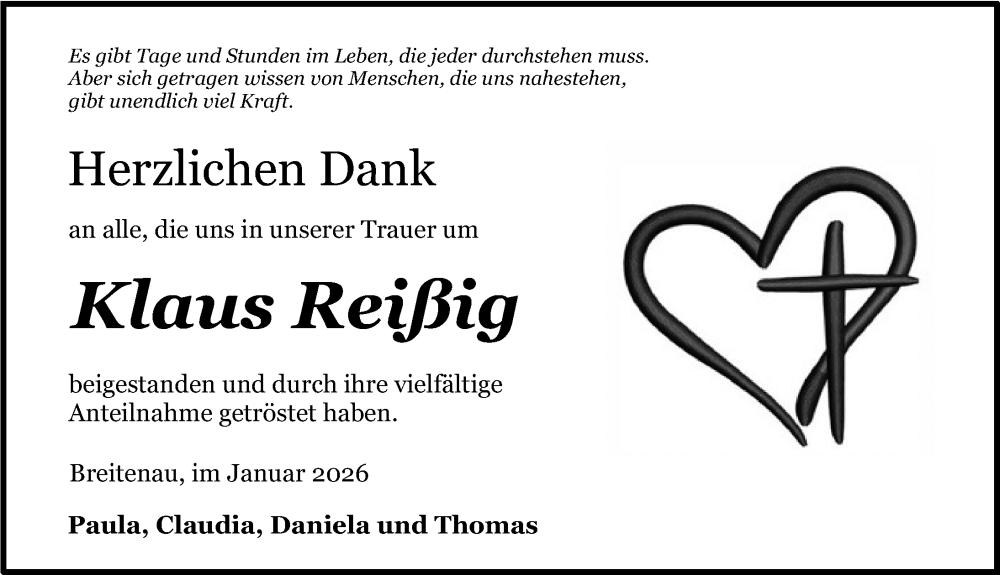  Traueranzeige für Klaus Reißig vom 17.01.2026 aus Dinkelsbühl/ Feuchtwangen