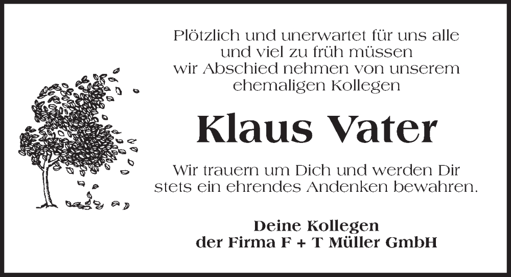  Traueranzeige für Klaus Vater vom 10.01.2026 aus Neustadt/ Scheinfeld/ Uffenheim